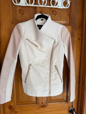Guess White & Light Pink Moto-Style Leather Jacket